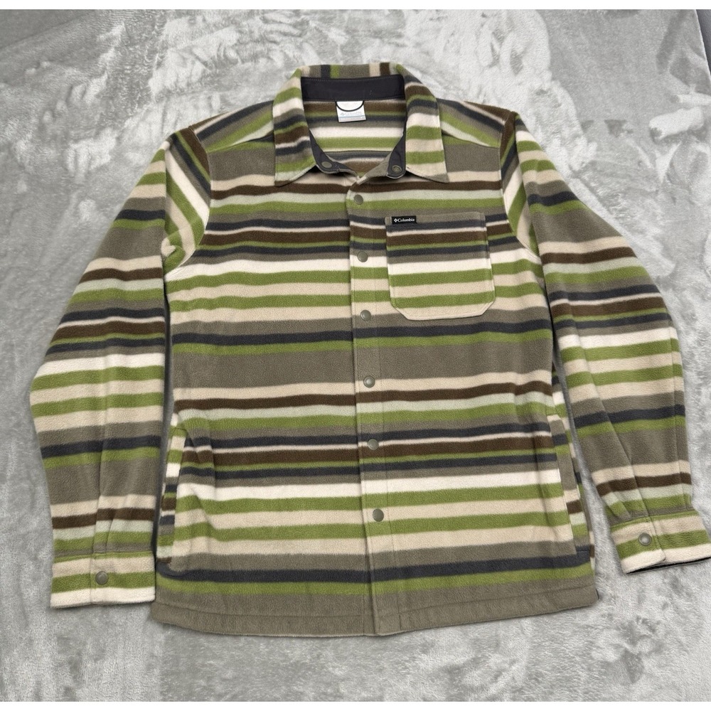 Columbia Snap Fleece Shirt Jacket Mens Small Striped Shacket Earthtones Western